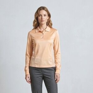 St John Sport Womens Peach Long Sleeve Polo Shirt Size L SJ Logo Collared Top